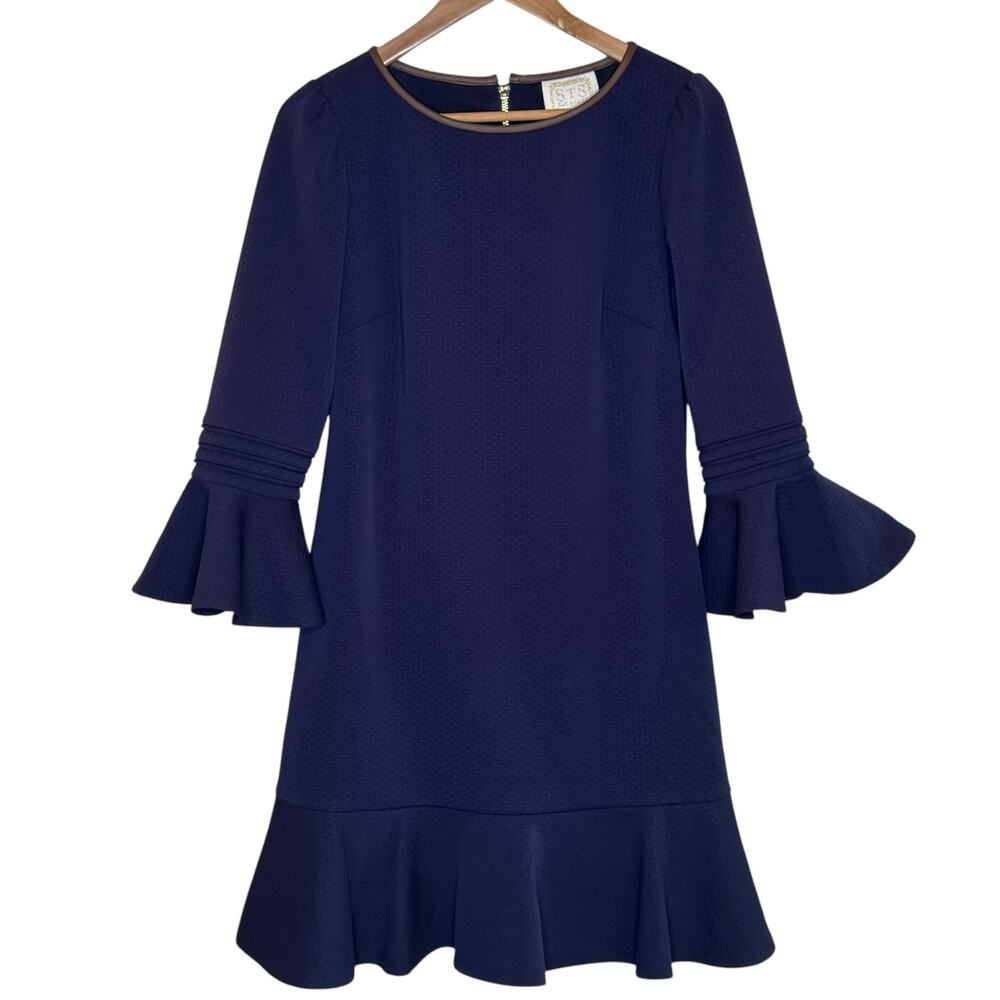 Sail to Sable STS Navy Blue Flounce Dress Ruffle Cuffs Hem Shift Size Small